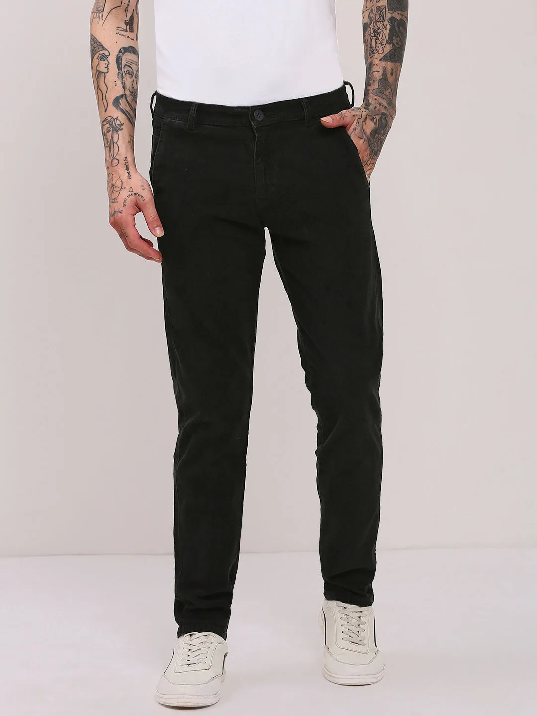Men's Black Solid Trousers Anti Friction Lining