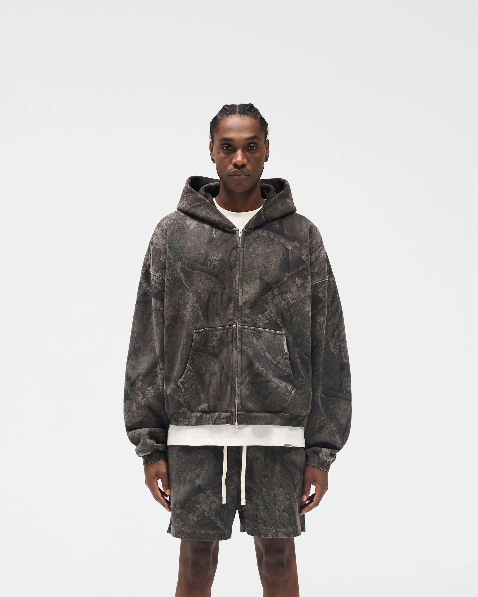 Initial Overdye Realtree? Boxy Zip Through Hoodie - Overdyed Black Abstract print product family togetherness