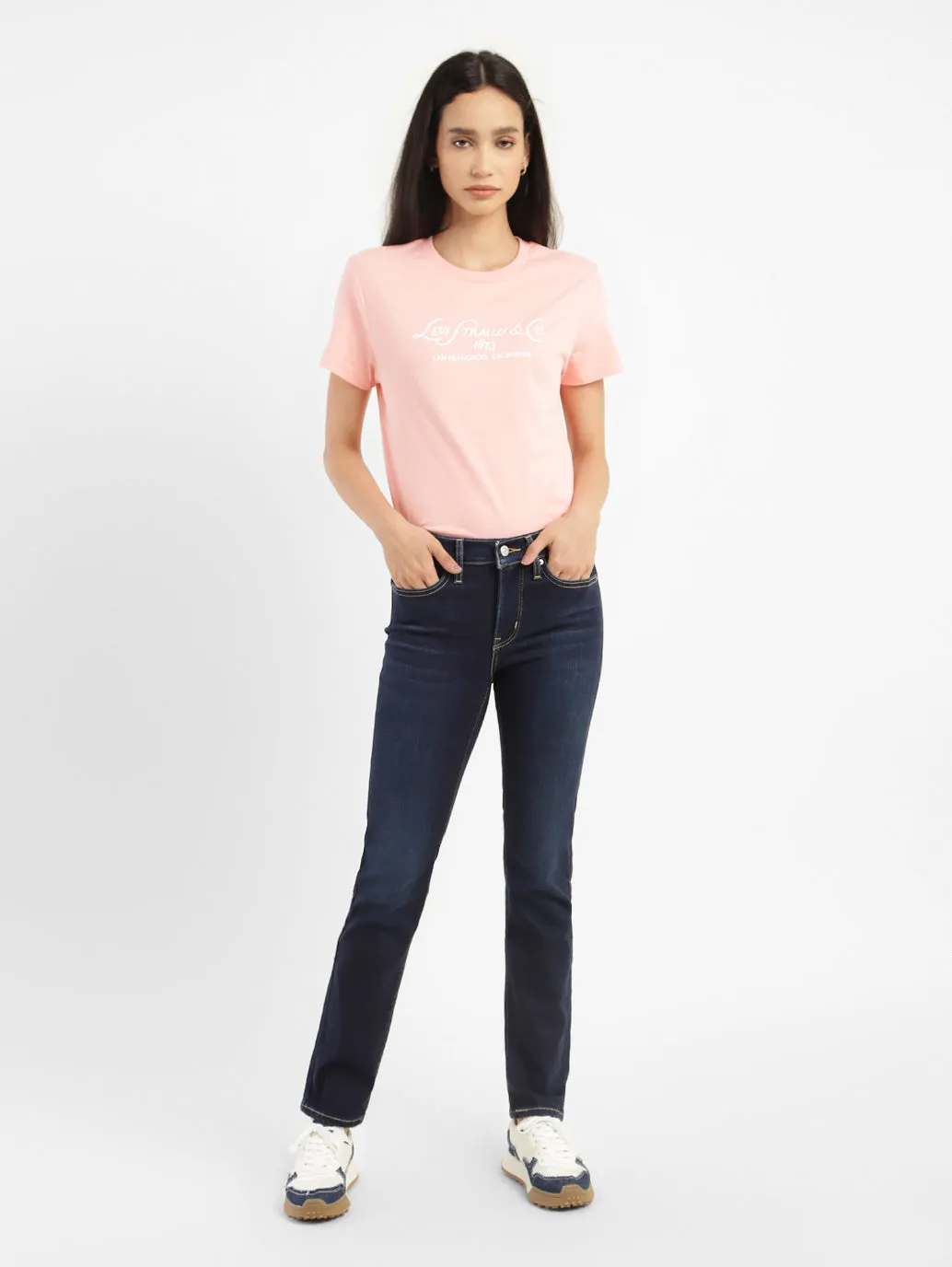 Women's 312 Blue Straight Fit Mid Rise Jeans Flex Knit Waist Panel