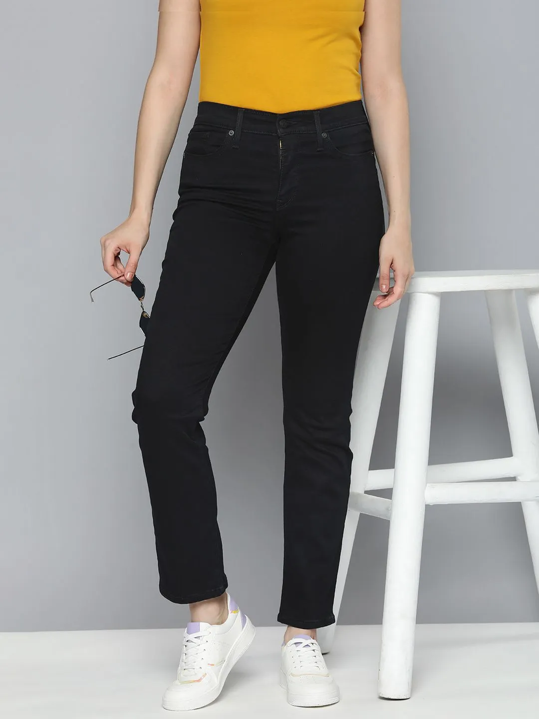 Textured Smart Casual Road Trip Women's 314 Black Straight Fit High Rise Jeans