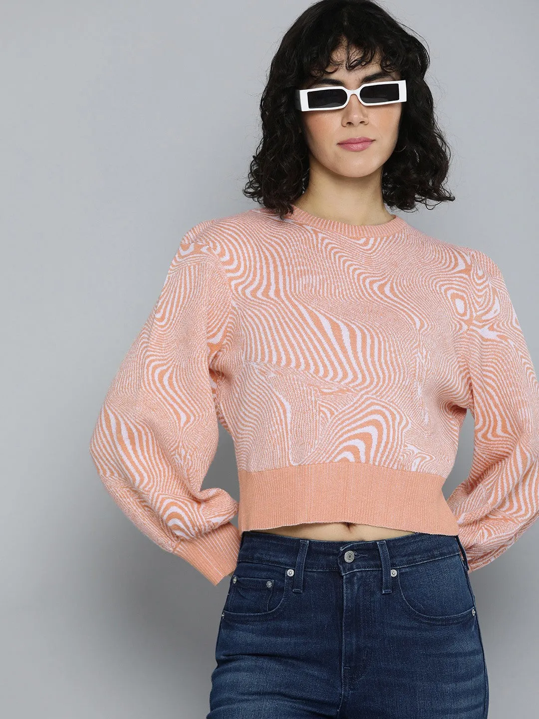 Breathable Openwork Knit Elastic Seamless Design Women's Abstract Print Crew Neck Sweater