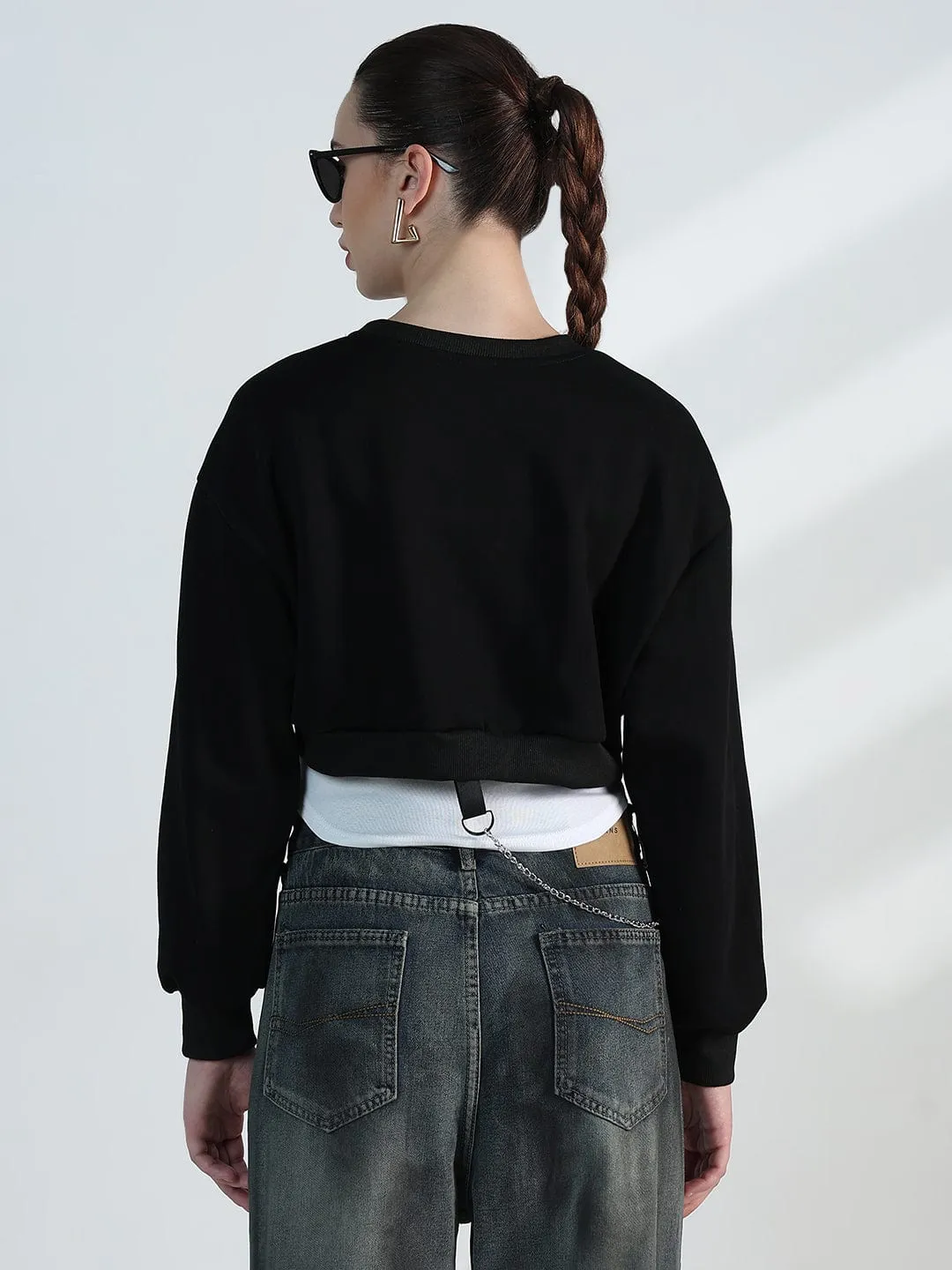 Women's Black Crop Sweatshirt with Chain Detail Outdoor Hoodie Casual Vibes