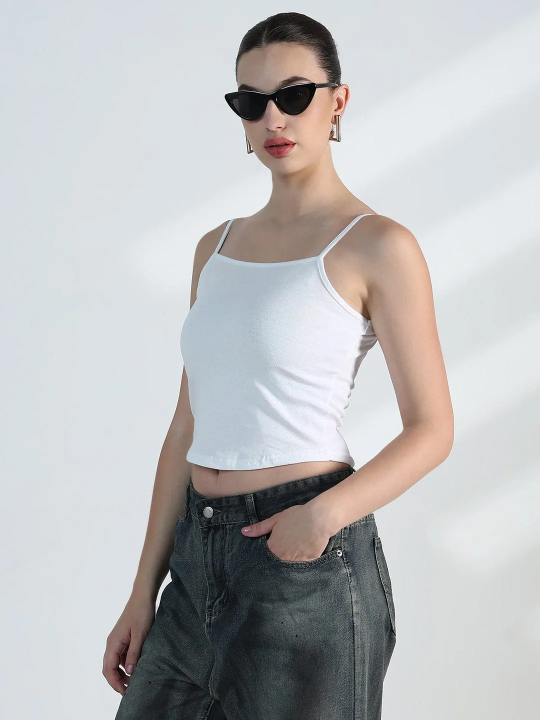 Ribbed Hem Women's Black Crop Sweatshirt with Chain Detail