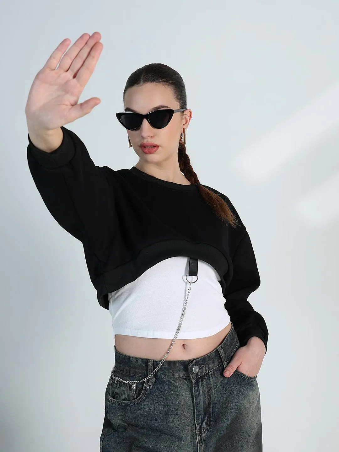 Women's Black Crop Sweatshirt with Chain Detail product earthy warmth Go-To Layer