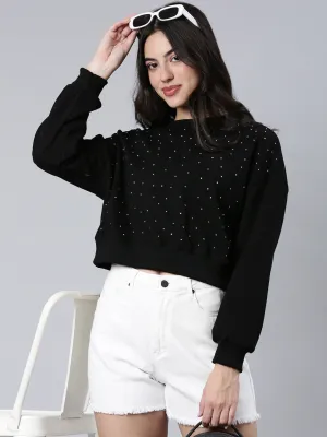 Street-Ready Wear Women's Black Embellished Round Neck Long Sleeves Cotton Crop Pullover Sweatshirt