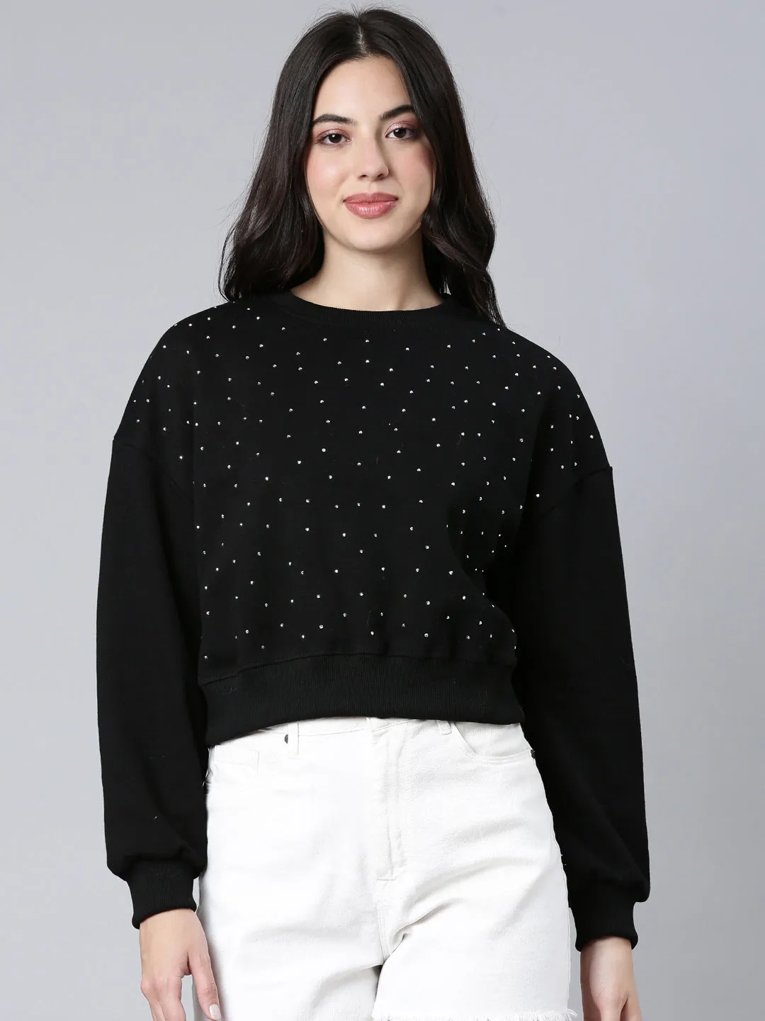 Classic Relaxed Women's Black Embellished Round Neck Long Sleeves Cotton Crop Pullover Sweatshirt