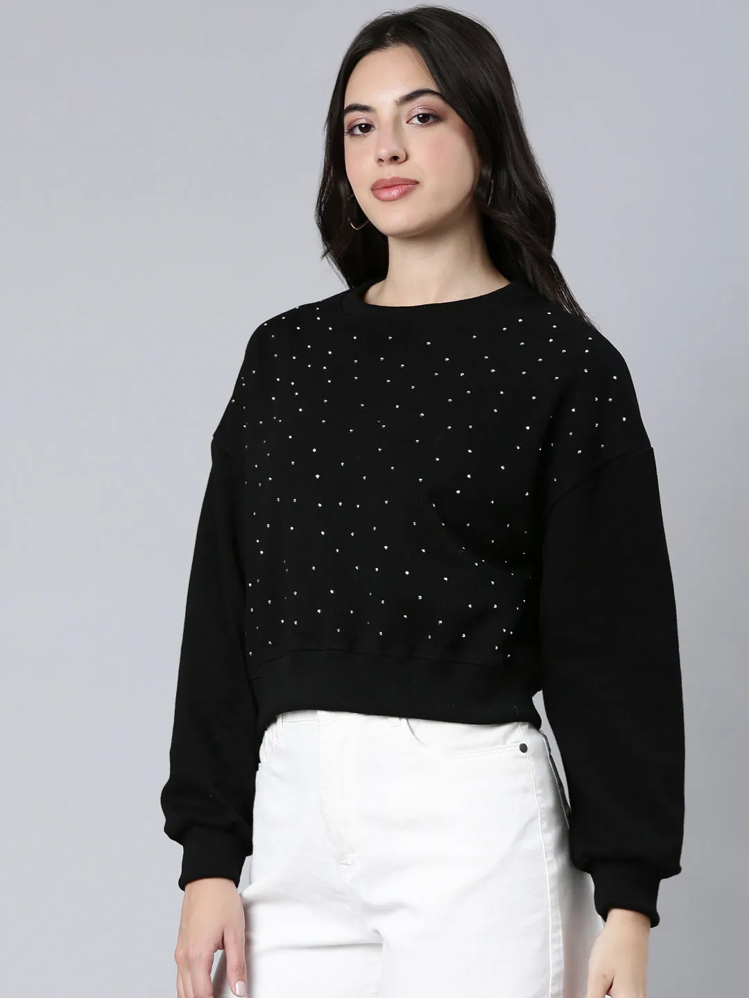 Women's Black Embellished Round Neck Long Sleeves Cotton Crop Pullover Sweatshirt Anti-pilling Light Warmth