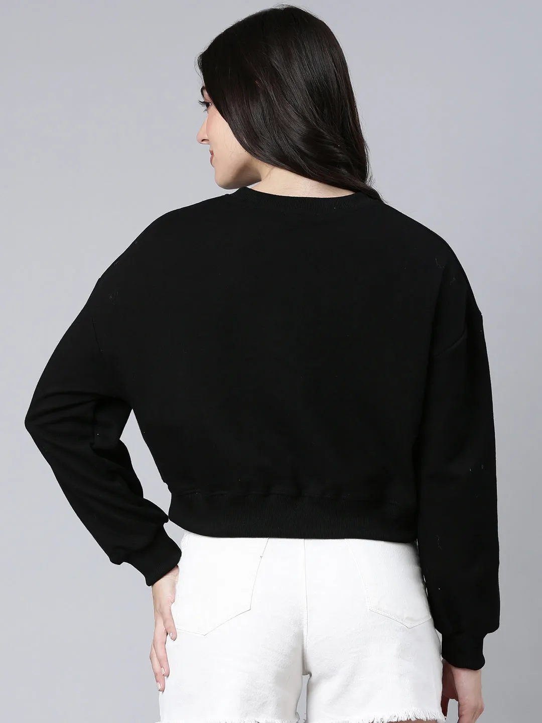 perfect for anniversaries Women's Black Embellished Round Neck Long Sleeves Cotton Crop Pullover Sweatshirt
