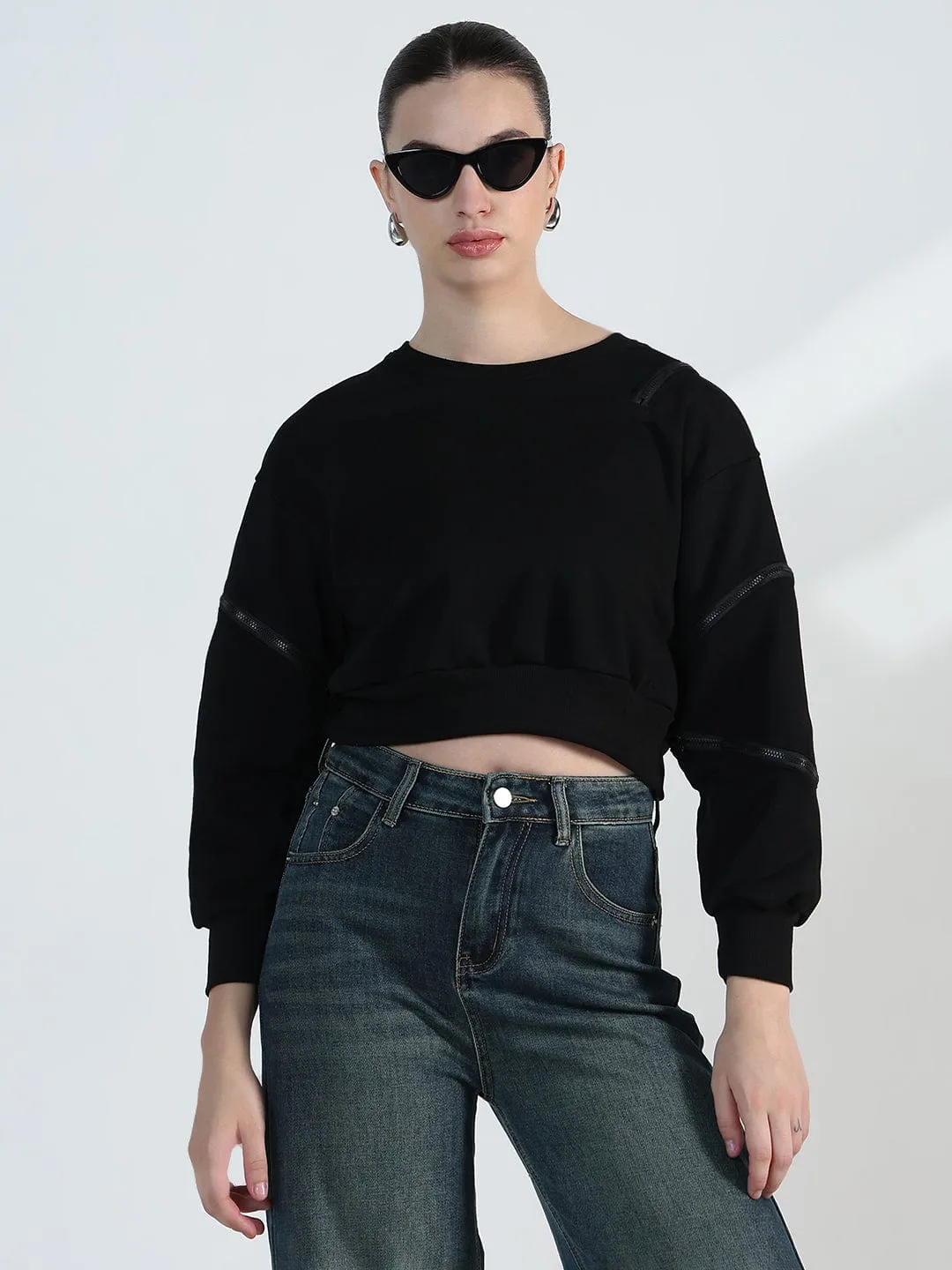 Women's Black Oversized Sweatshirt with Zipper Detail Performance Ready Daily Minimal