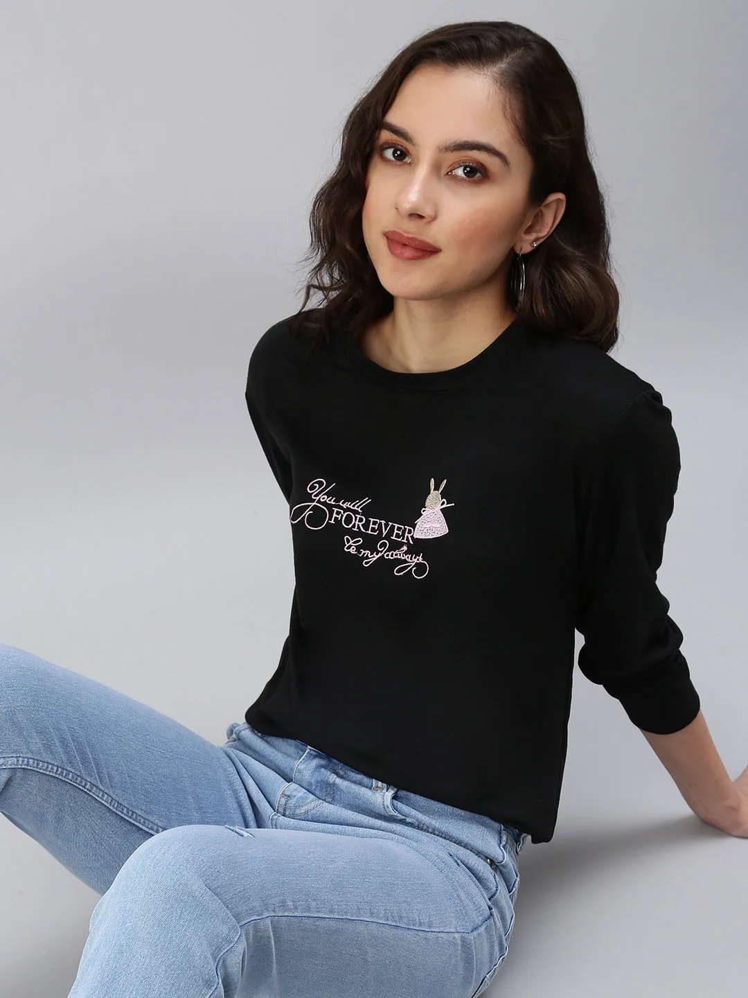 Women's Black Printed Sweatshirt Fashion Layering