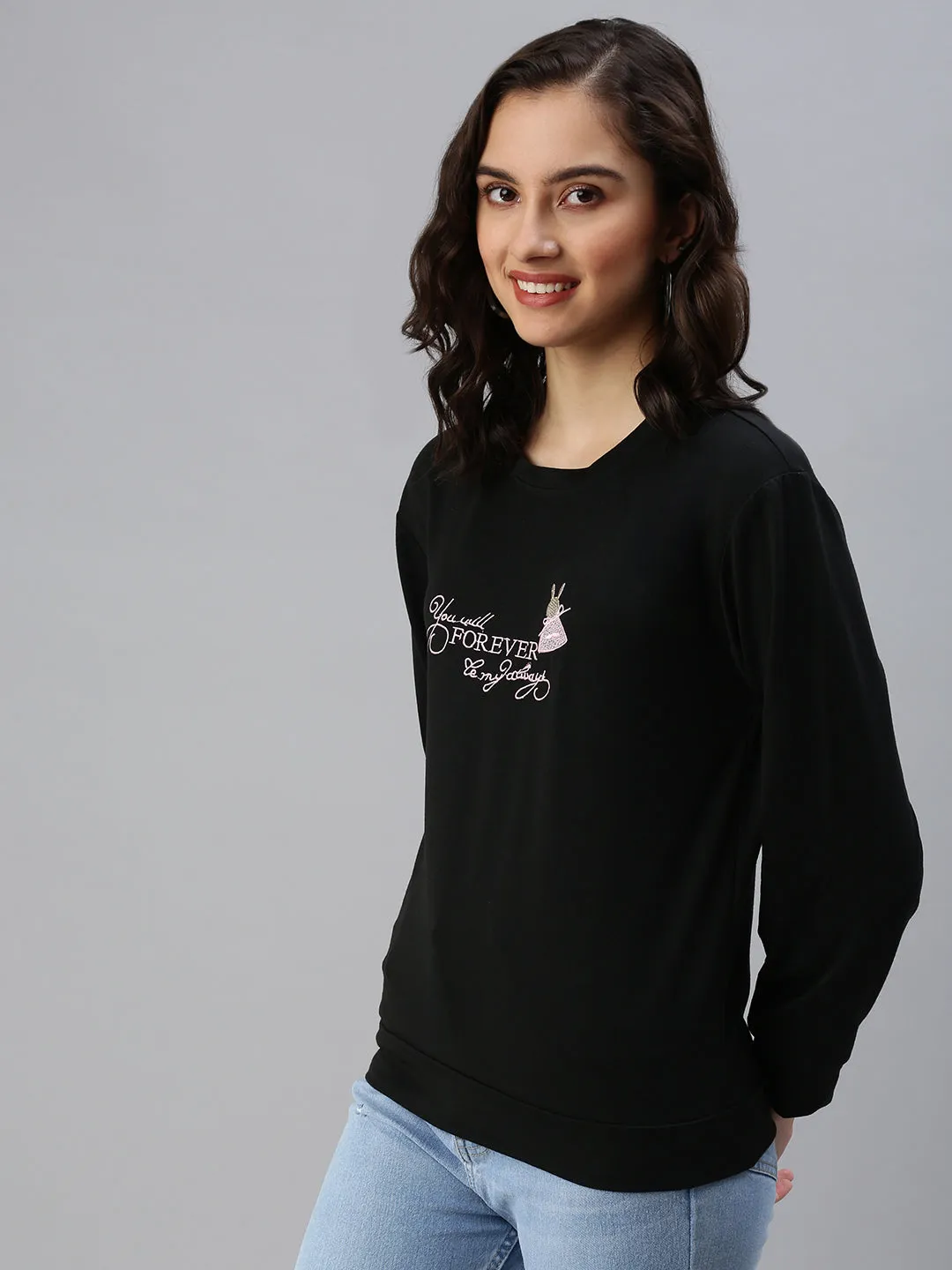 Women's Black Printed Sweatshirt Stain-Resistant