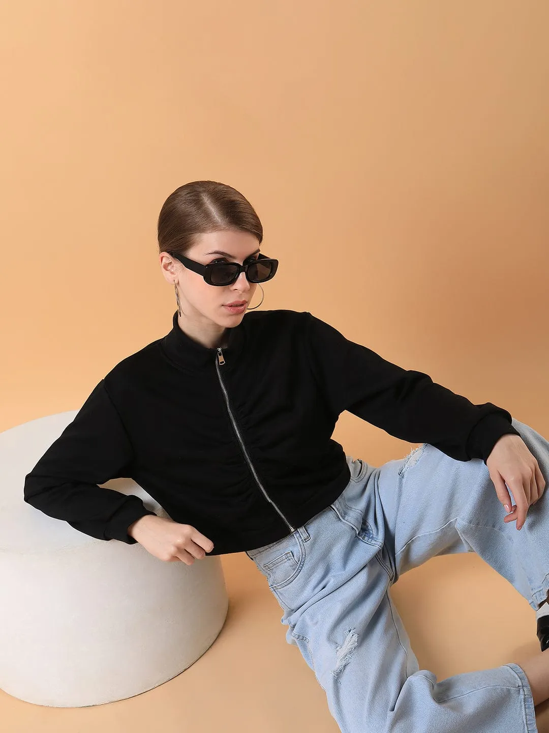 Women's Black Solid Sweatshirt Fleece