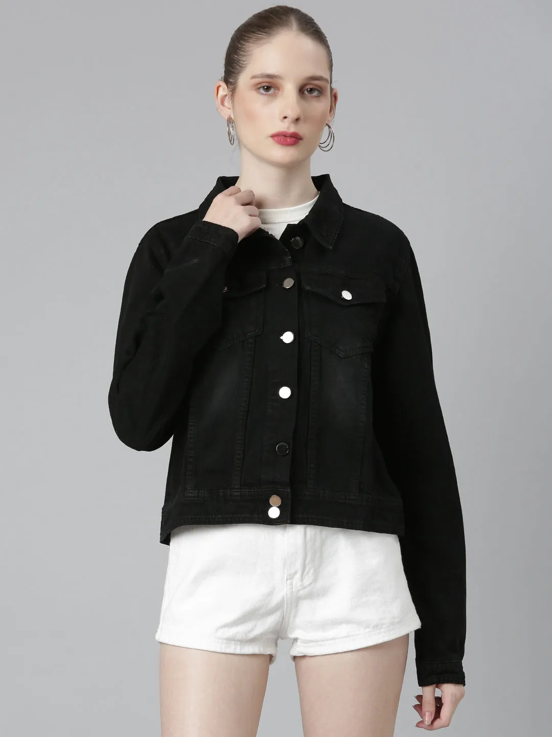 Women's Black Spread Collar Cotton Denim Jacket Magnetic Closure System Stretch Enhanced Mobility Zones