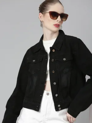 Fashion Use Houndstooth Print Women's Black Spread Collar Cotton Denim Jacket