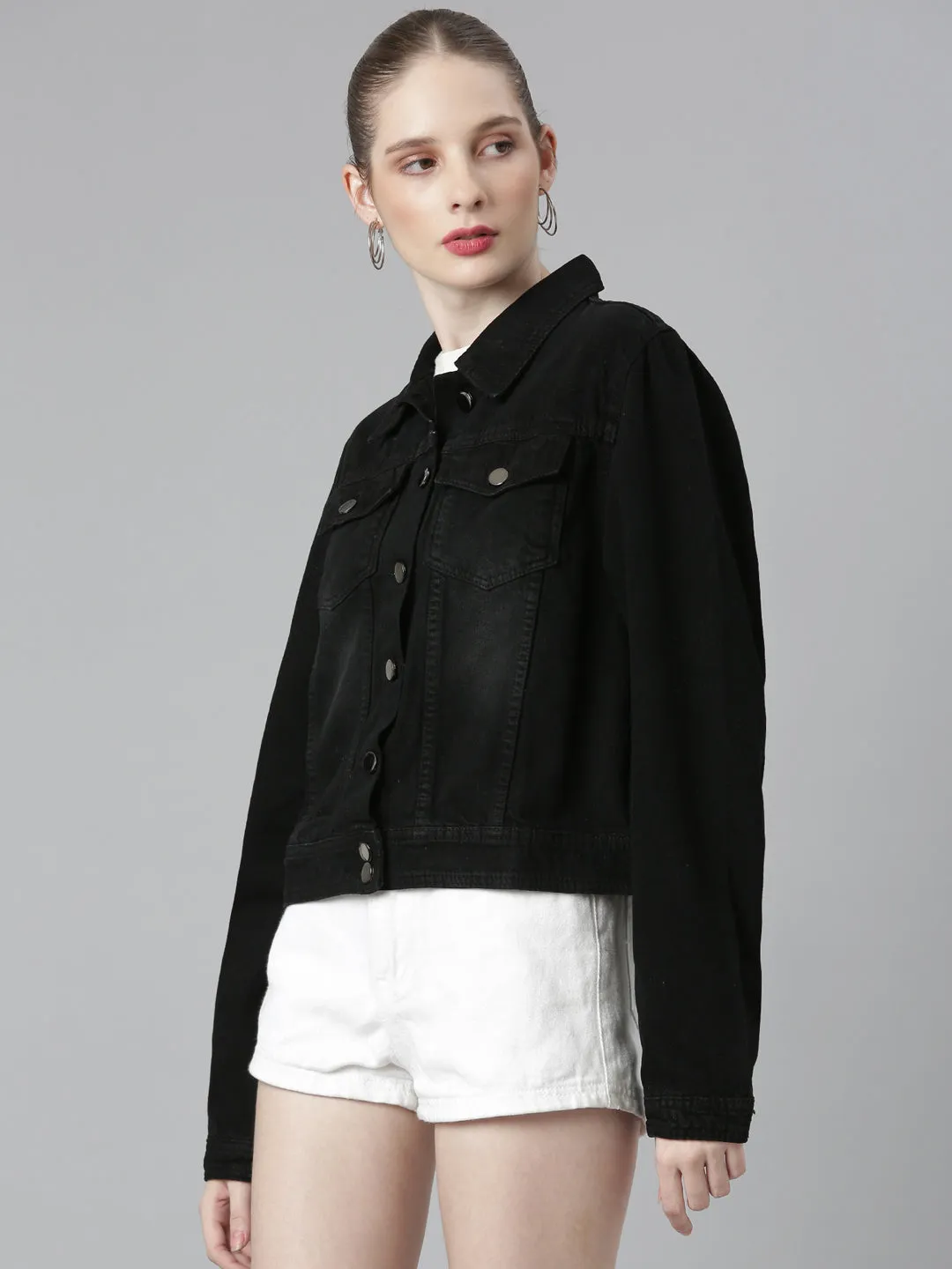 Women's Black Spread Collar Cotton Denim Jacket Crisp Layer FoldableStructure