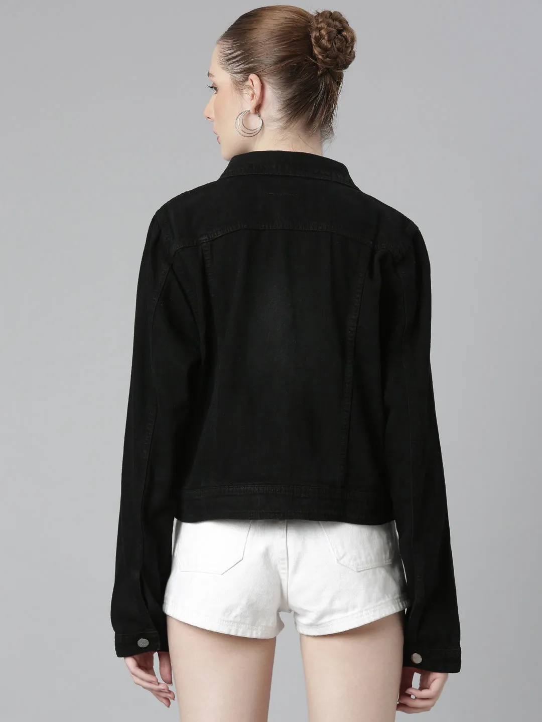 Women's Black Spread Collar Cotton Denim Jacket Elegant Evening High Visibility Trim