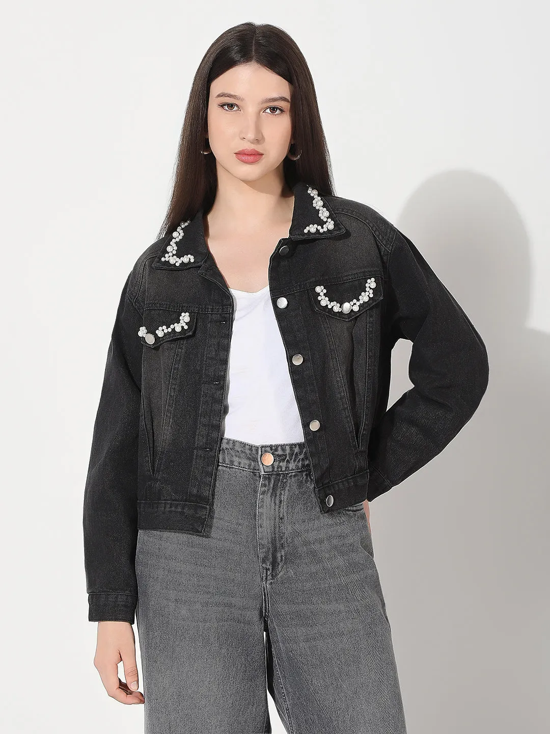 Women's Black Spread Collar Denim Jacket Polished Casual MoistureWicking Technology