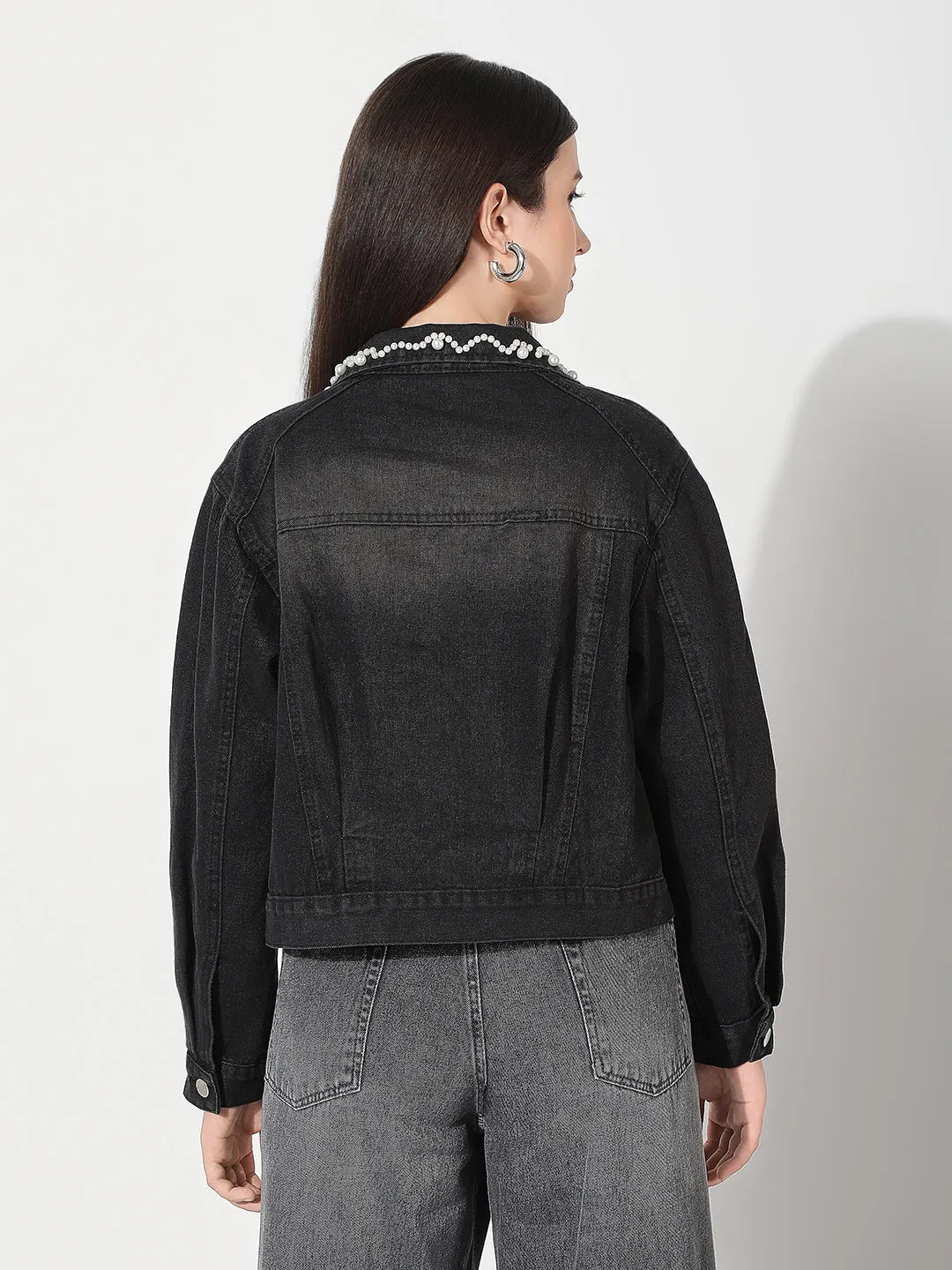 Bonded Seam Technology Reflective Zippers Women's Black Spread Collar Denim Jacket