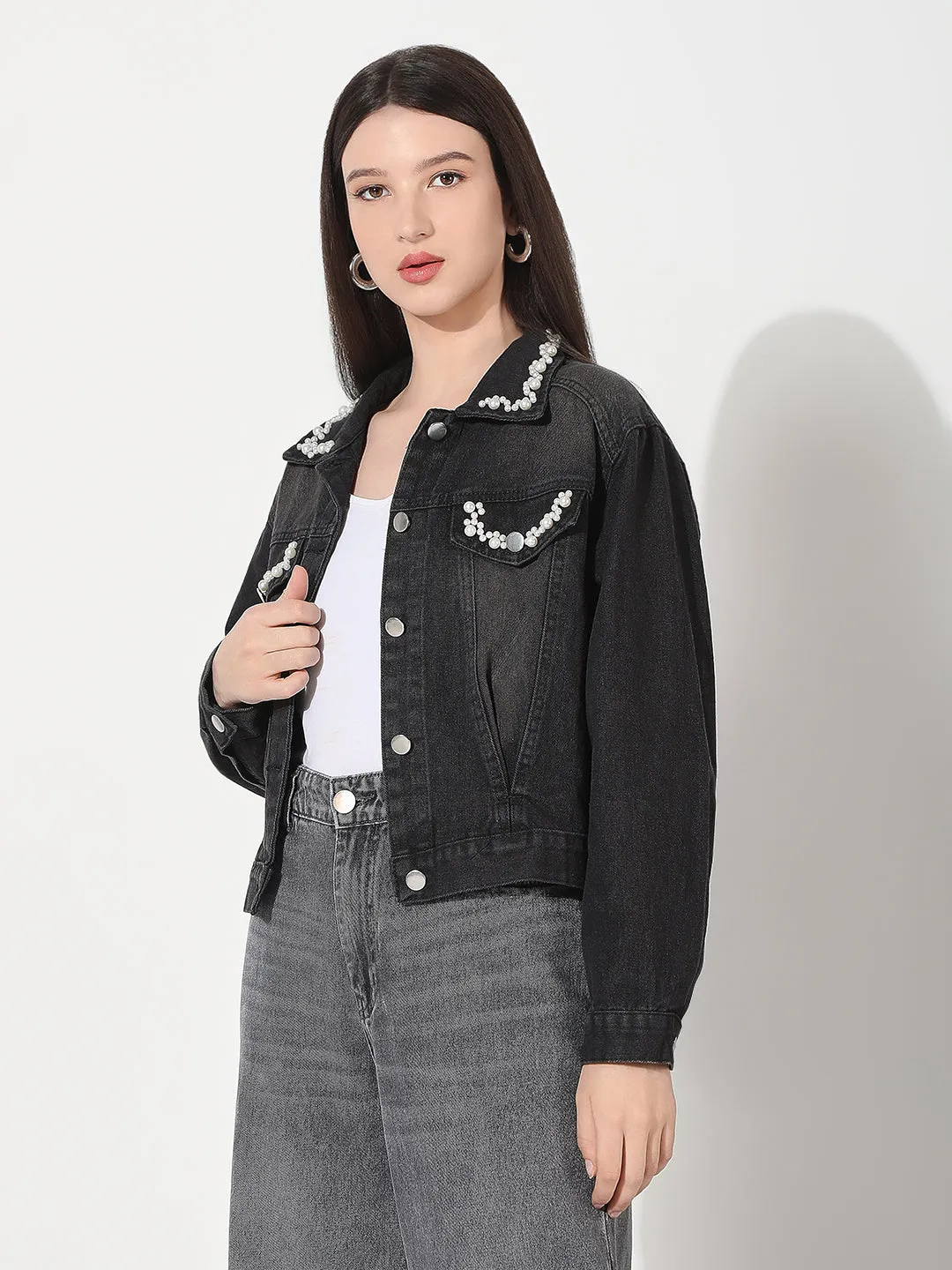 ReinforcedElbows Snap Closures Women's Black Spread Collar Denim Jacket