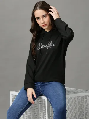 Women's Black Typography Embellished Hooded Pullover Sweatshirt Classic Bold
