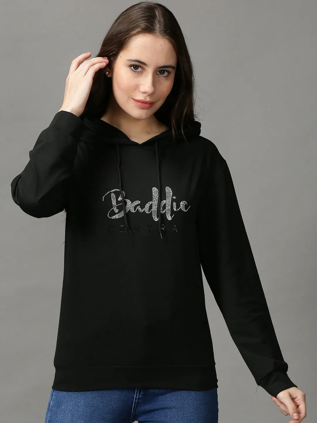 Bright Colors Functional Design Women's Black Typography Embellished Hooded Pullover Sweatshirt