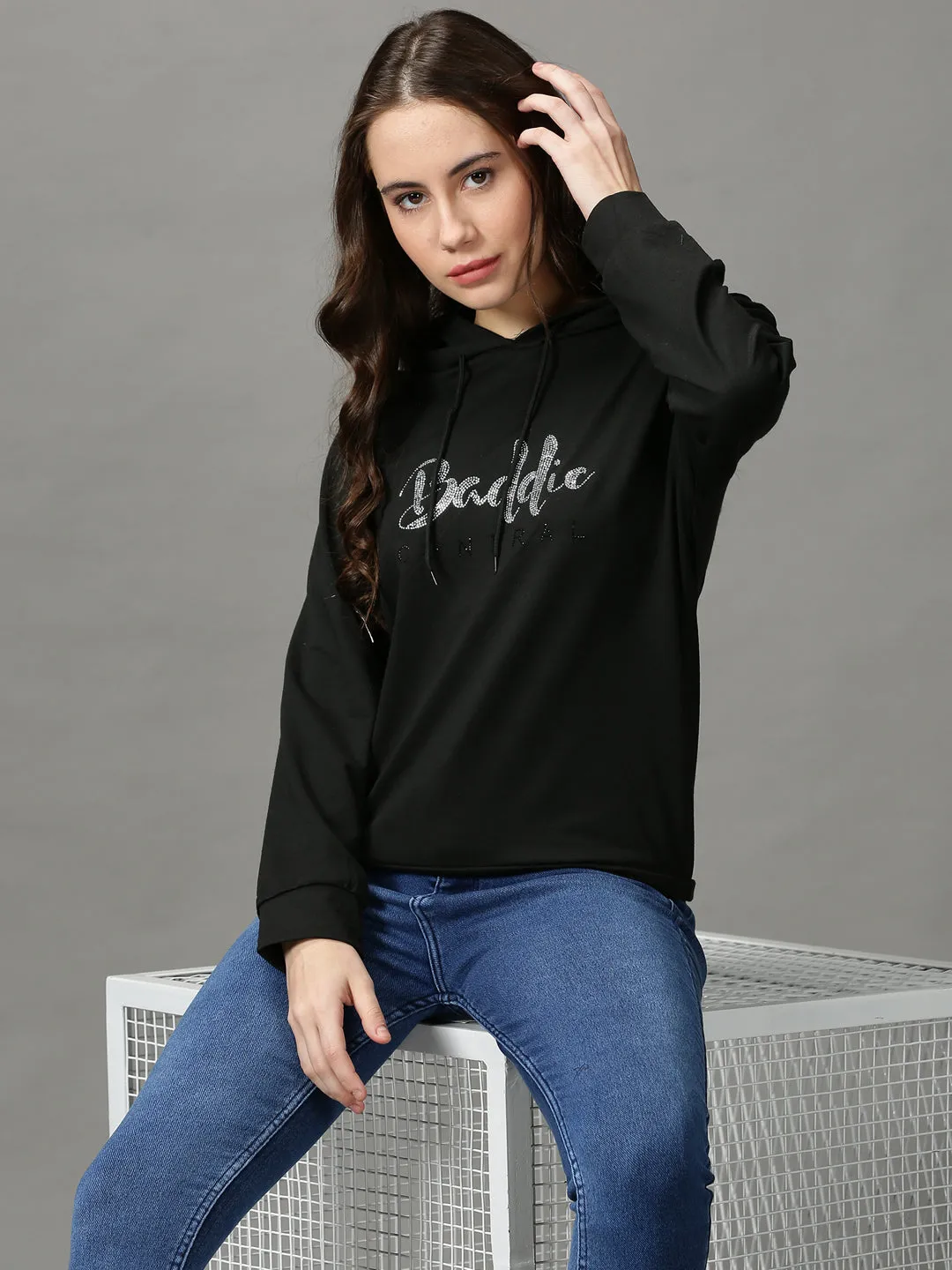 Women's Black Typography Embellished Hooded Pullover Sweatshirt Classic Bold