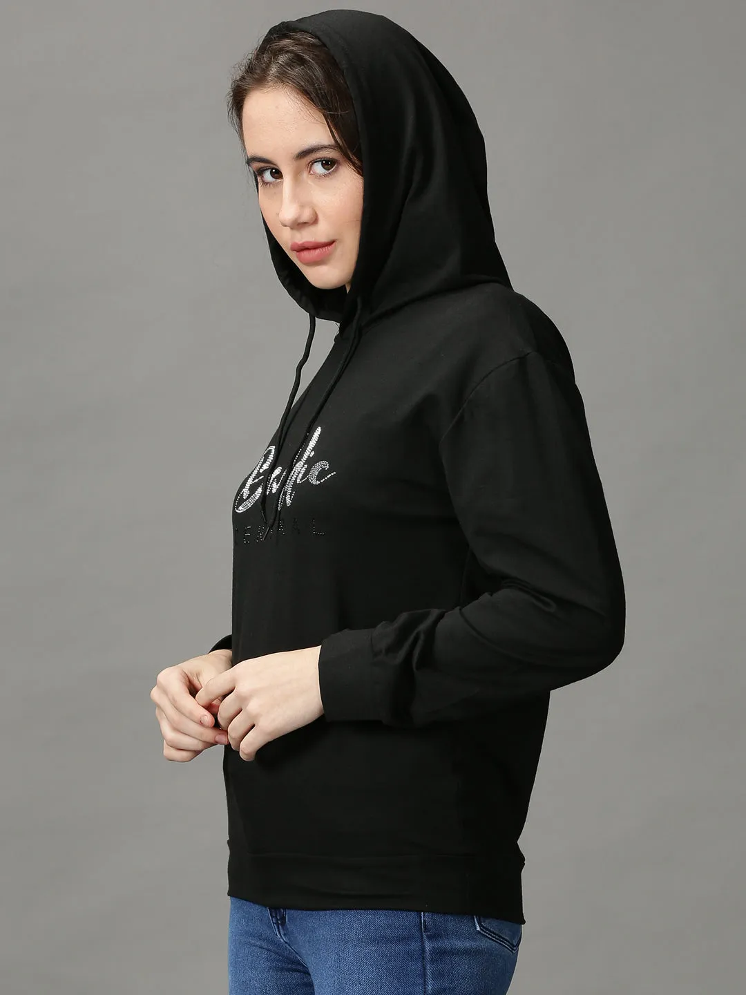 Women's Black Typography Embellished Hooded Pullover Sweatshirt Sports Wear