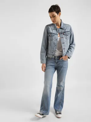 Night Out Neutral Textured Modern Youth Style Party Look Women's Blue Bootcut Fit High Rise Jeans