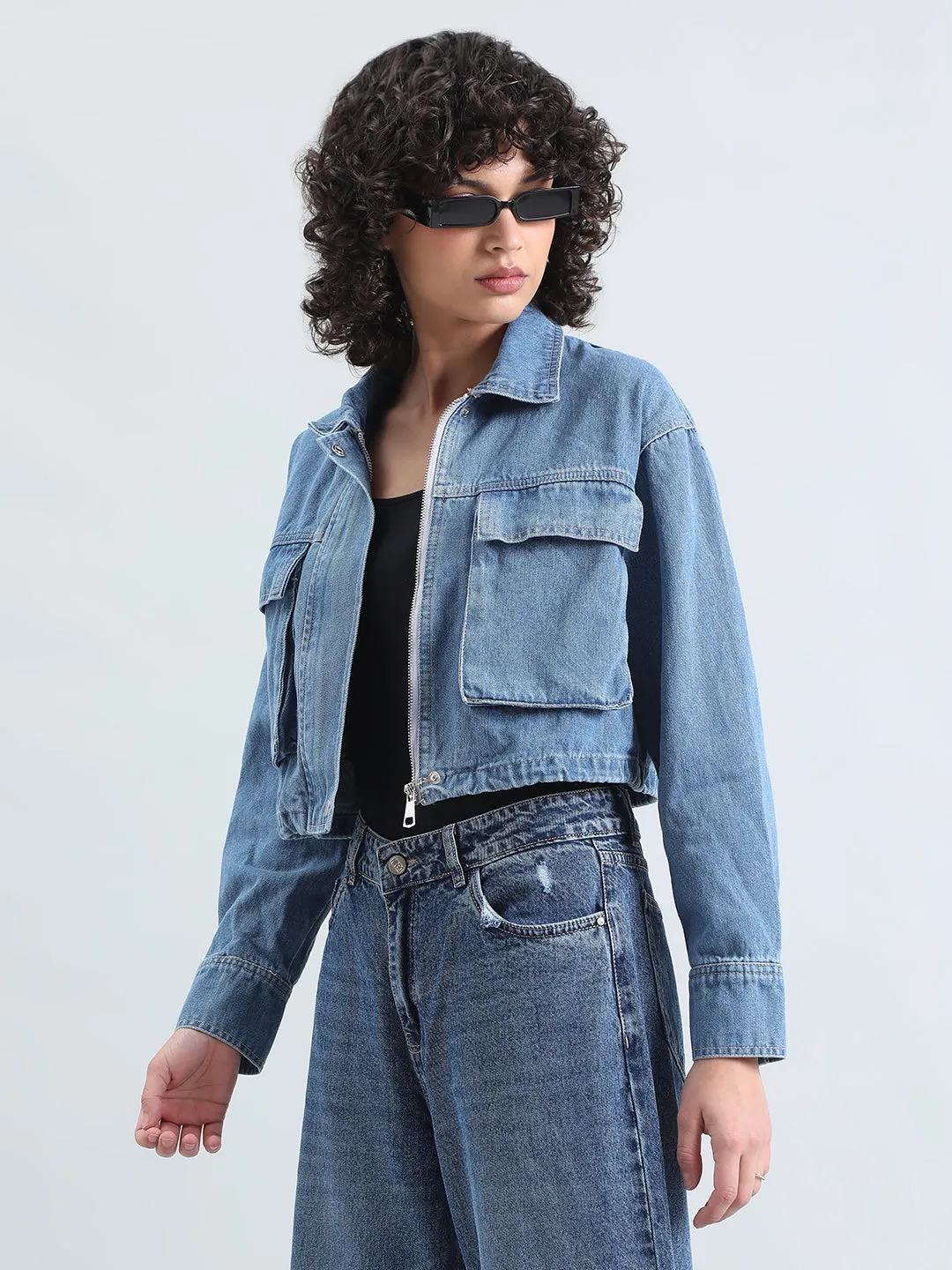 Women's Blue Denim Crop Jacket with Utility Pockets Rubberized Trims Layer Friendly Shape