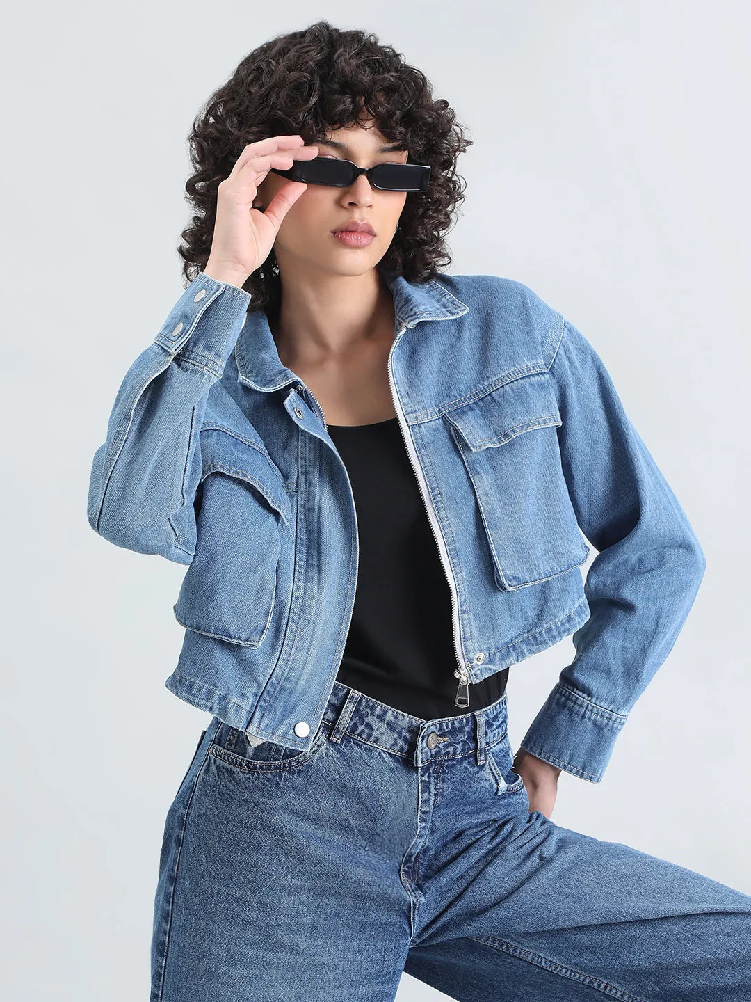 Hypoallergenic Fabric Blend Winter Outerwear Women's Blue Denim Crop Jacket with Utility Pockets