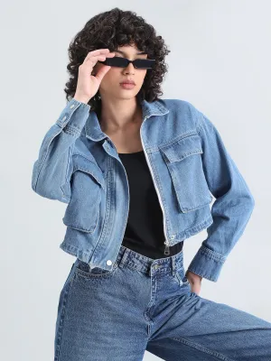 Hypoallergenic Fabric Blend Winter Outerwear Women's Blue Denim Crop Jacket with Utility Pockets