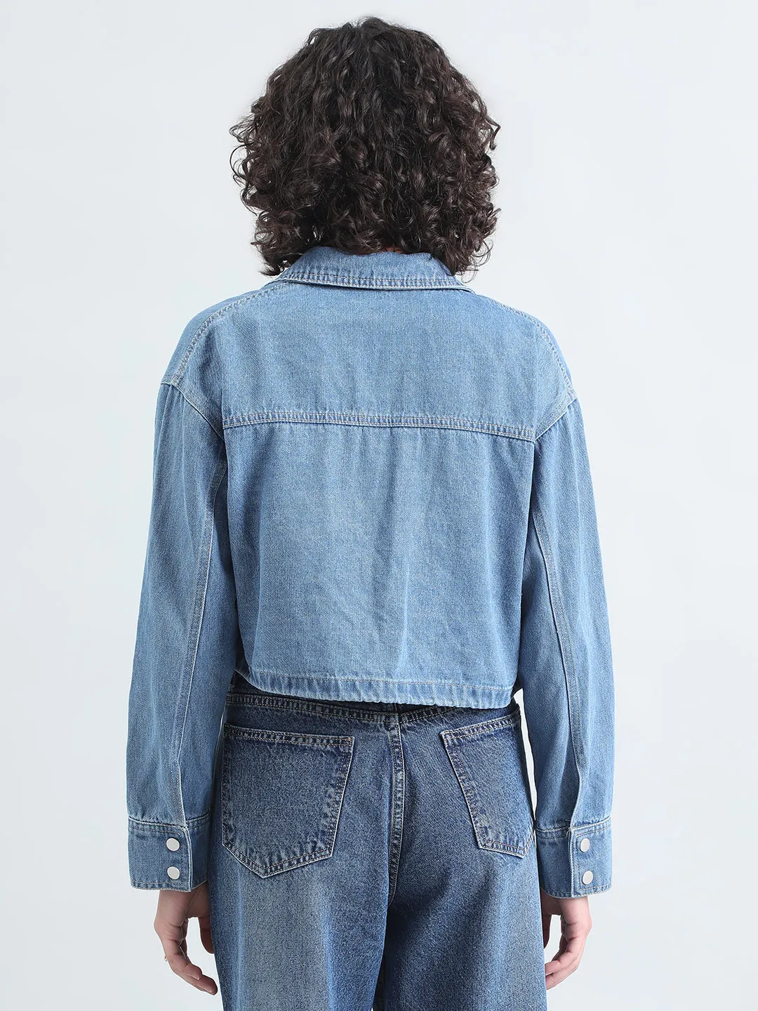 Recycled materials Women's Blue Denim Crop Jacket with Utility Pockets