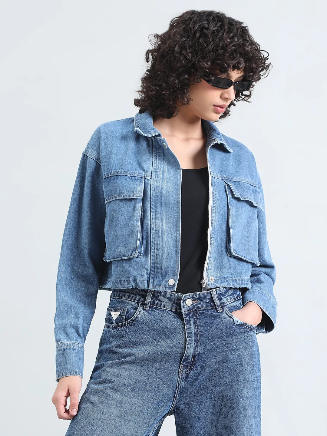 Women's Blue Denim Crop Jacket with Utility Pockets Modern Travel Look