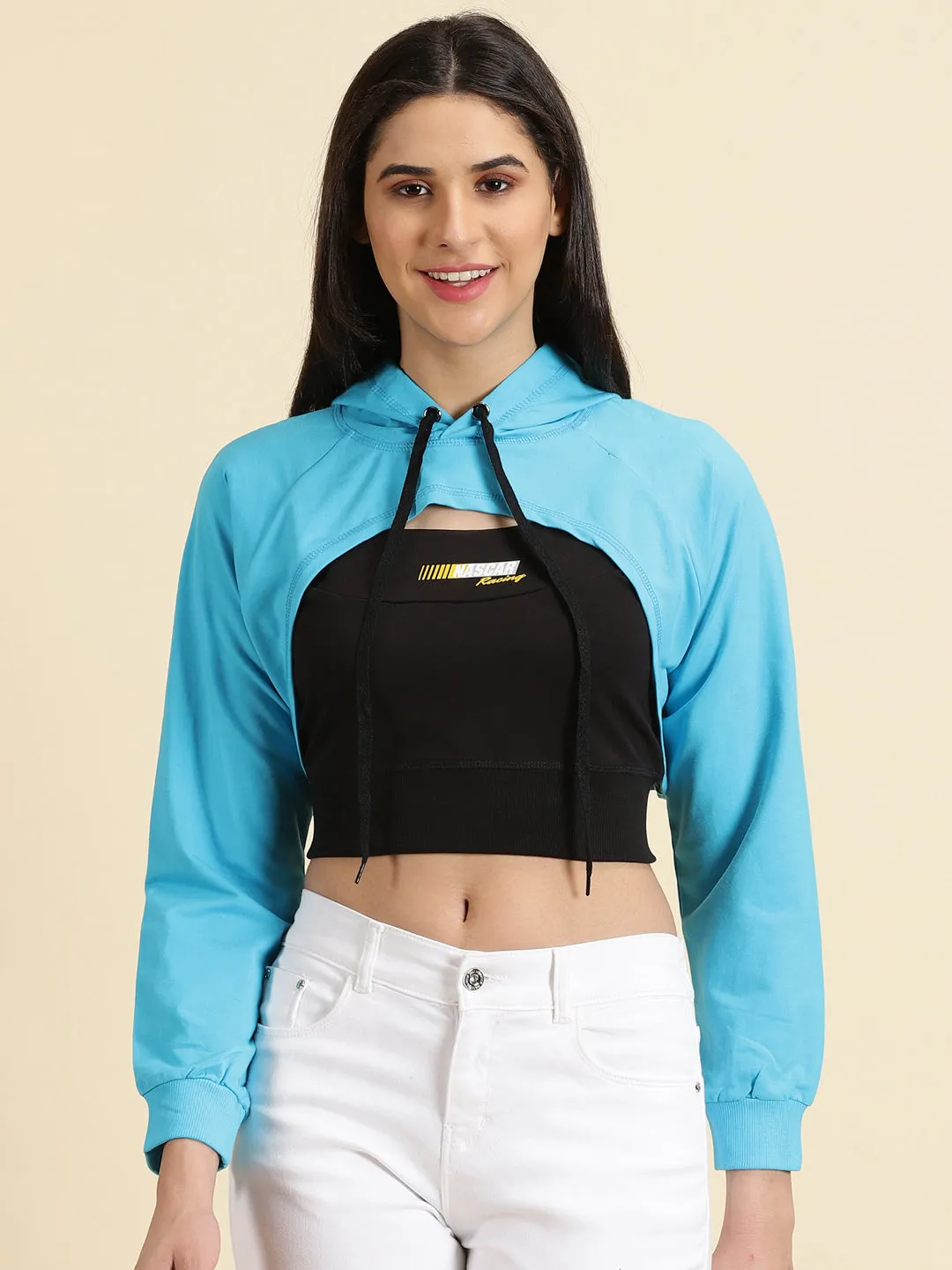 Relaxed Layers couple wear Women's Blue Hooded Neck Cotton Sweatshirt