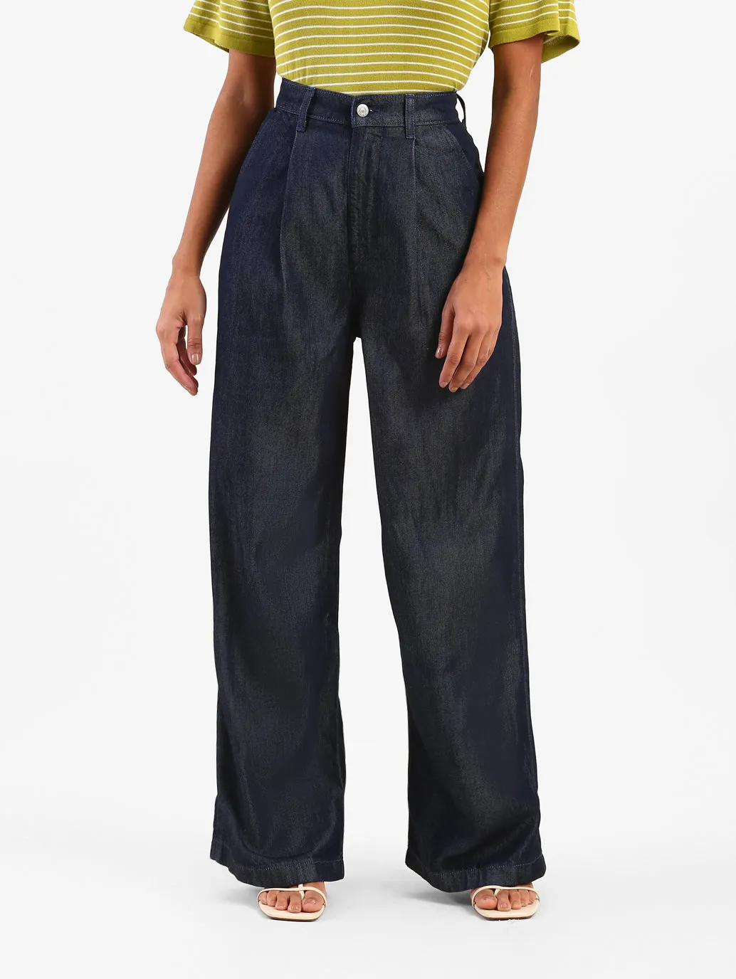 Women's Blue Pleated Loose Straight Fit High Rise Jeans Zero Waste Pattern Design