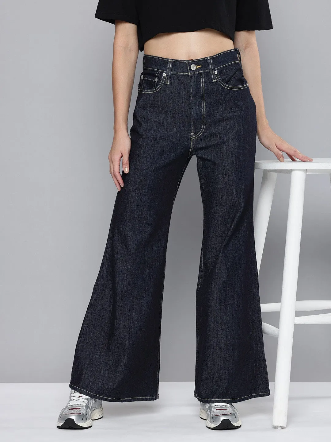 Formal City Walk Party Look Sunny Vibes Casual Women's Blue Ribcage Bell Bottom Wide Leg Fit High Rise Jeans