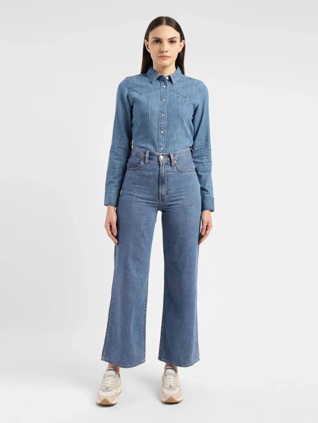 Women's Blue Ribcage Bell Bottom Wide Leg Fit High Rise Jeans Base Look