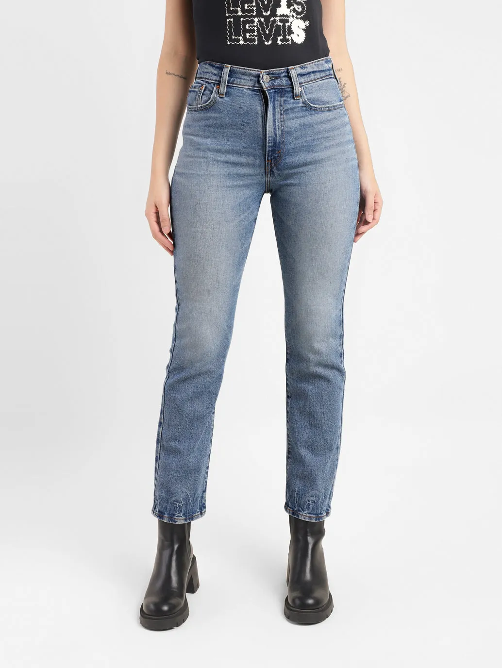 Slim Design Casual Style Women's Blue Ribcage Straight Ankle Fit High Rise Jeans