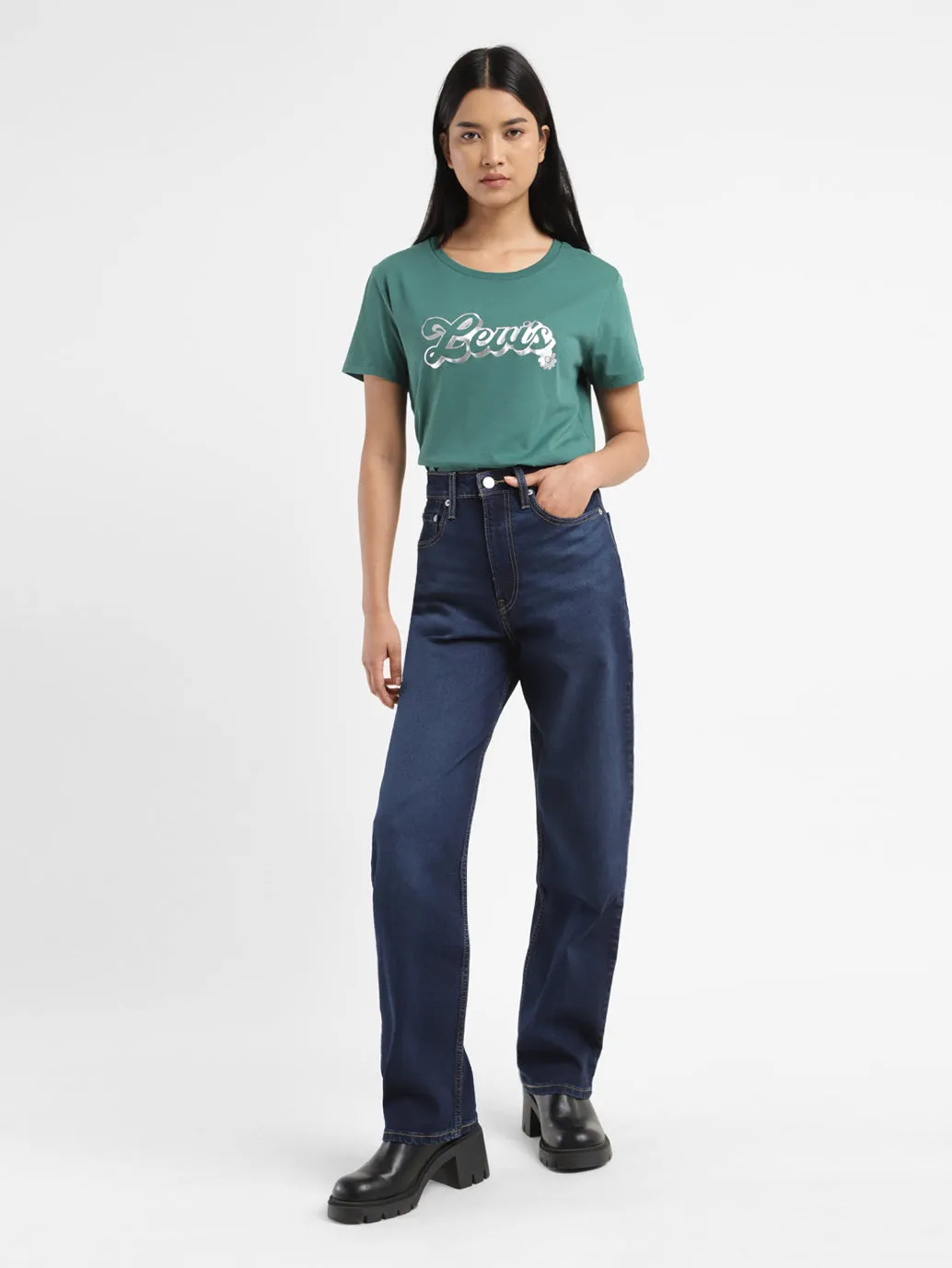 Athlete Fit Holiday Vibes Traveler Gear Stretch Creative Look Women's Blue Ribcage Straight Fit High Rise Jeans