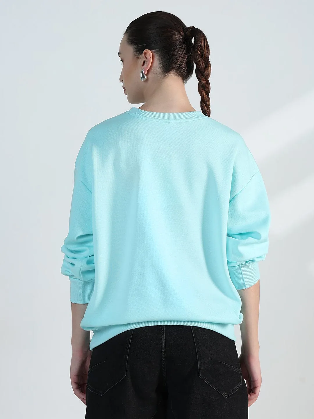 rhinestone accents Cool Outfit Women's Blue Round Neck Oversized Sweatshirt