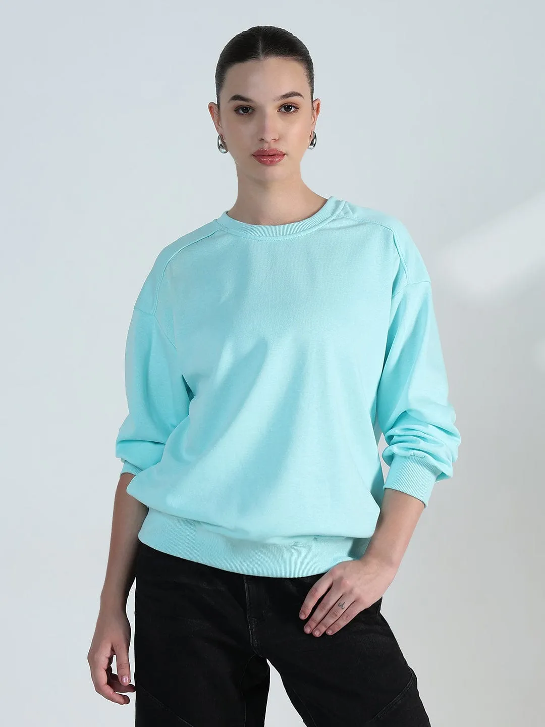 Women's Blue Round Neck Oversized Sweatshirt Popular