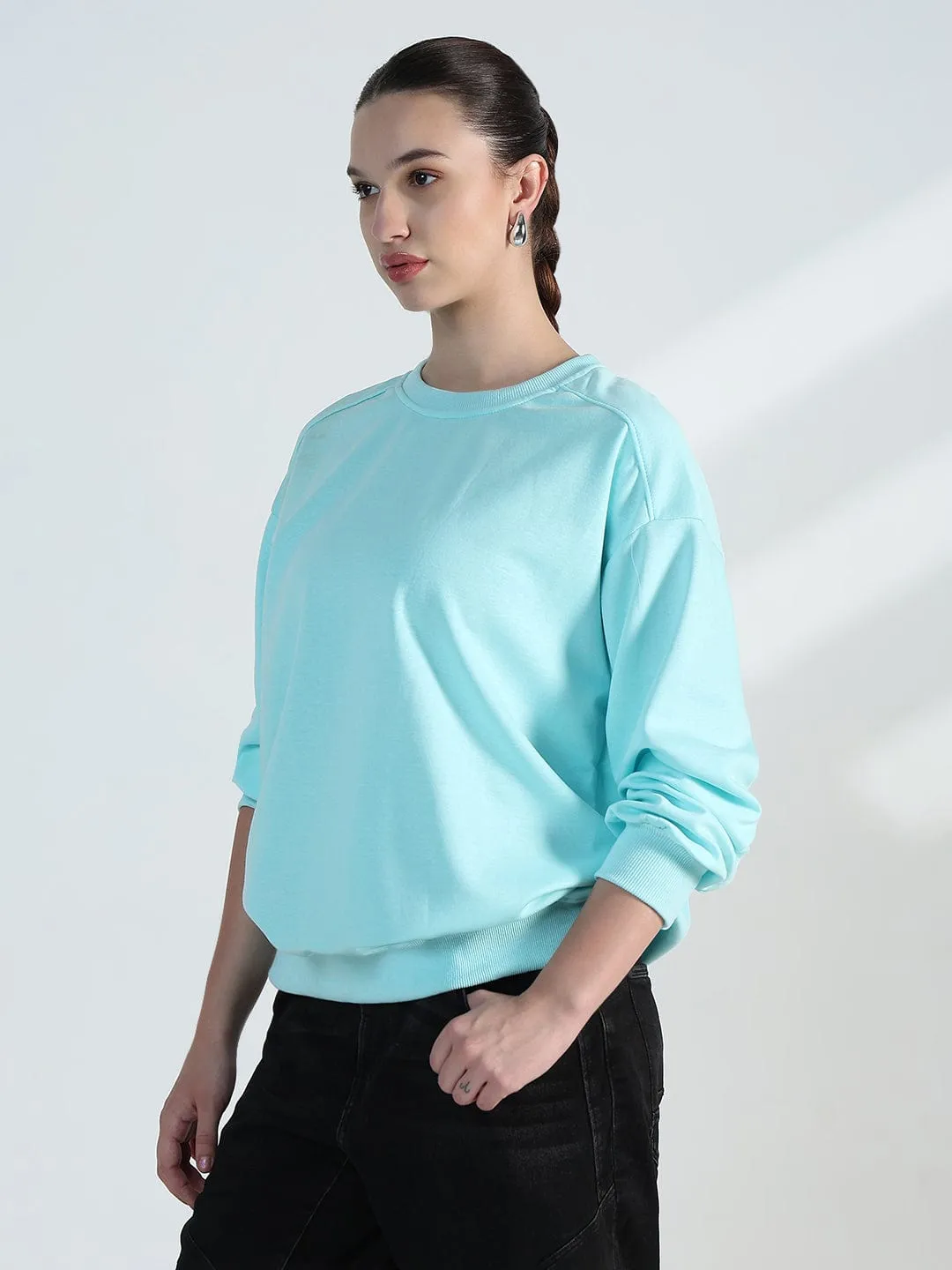 design trend Women's Blue Round Neck Oversized Sweatshirt
