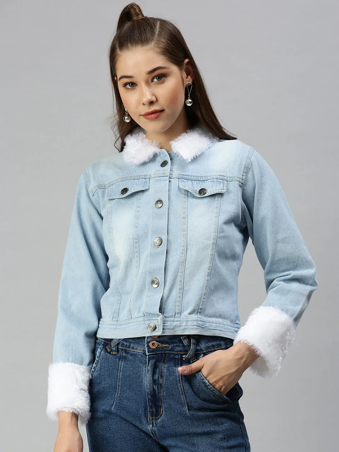 Women's Blue Solid Denim Jacket Jackets Relaxed Layers Thermal Insulated