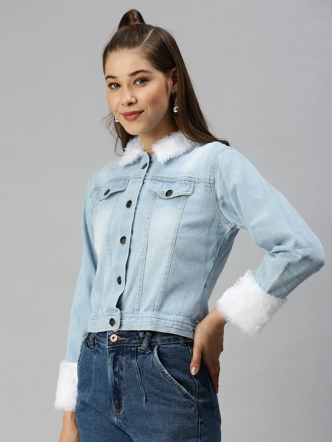 Subtle Fashion Fit Soft Comfort Design Women's Blue Solid Denim Jacket Jackets
