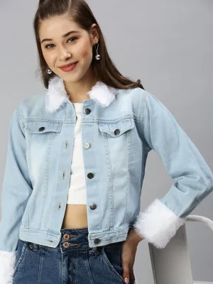 Women's Blue Solid Denim Jacket Jackets Modular Attachment Loops Cold Weather