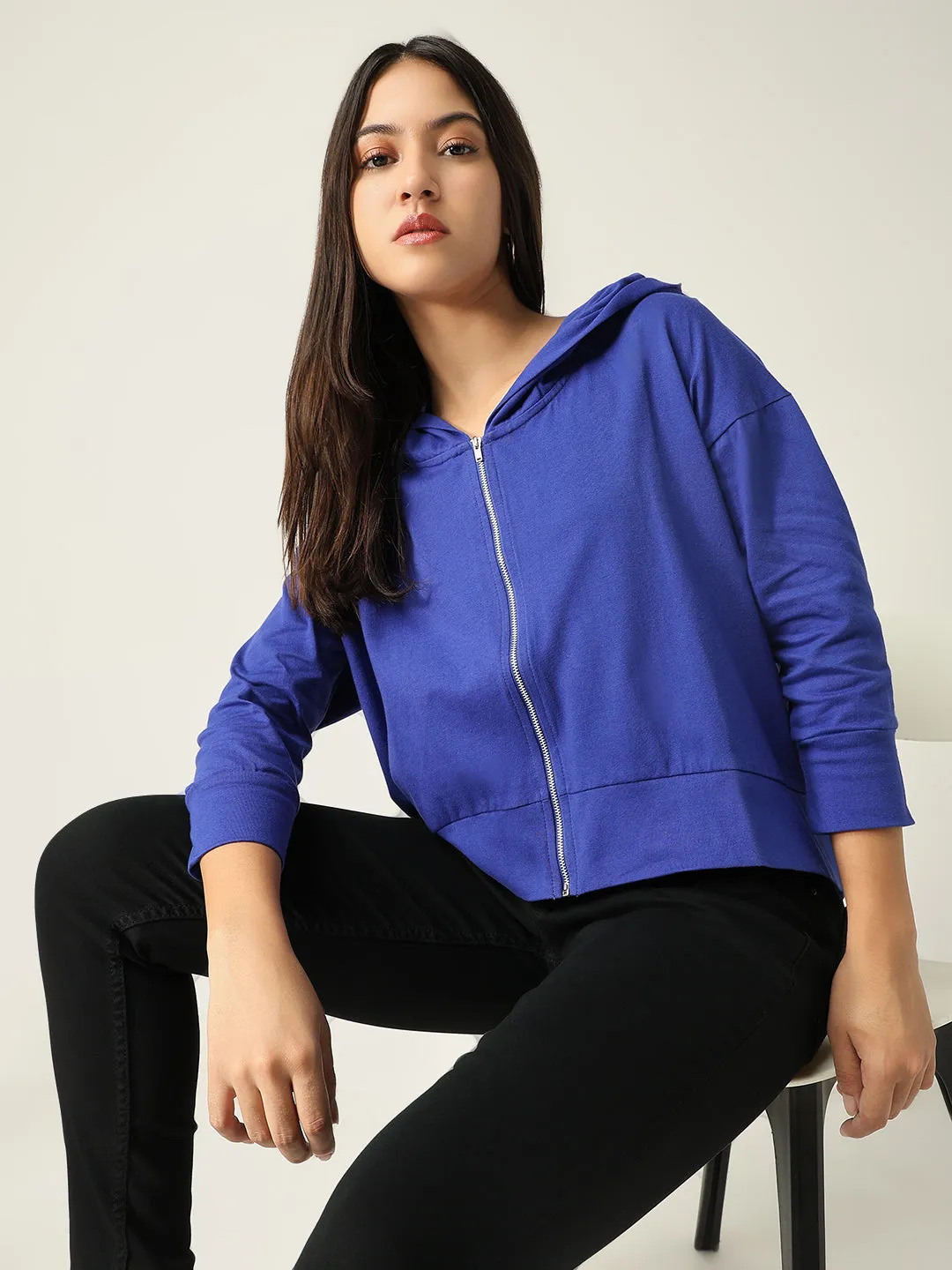 Women's Blue Solid Hood Cotton Front-Open Sweatshirt Handmade Coffee Shop