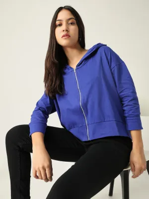 Women's Blue Solid Hood Cotton Front-Open Sweatshirt Handmade Coffee Shop