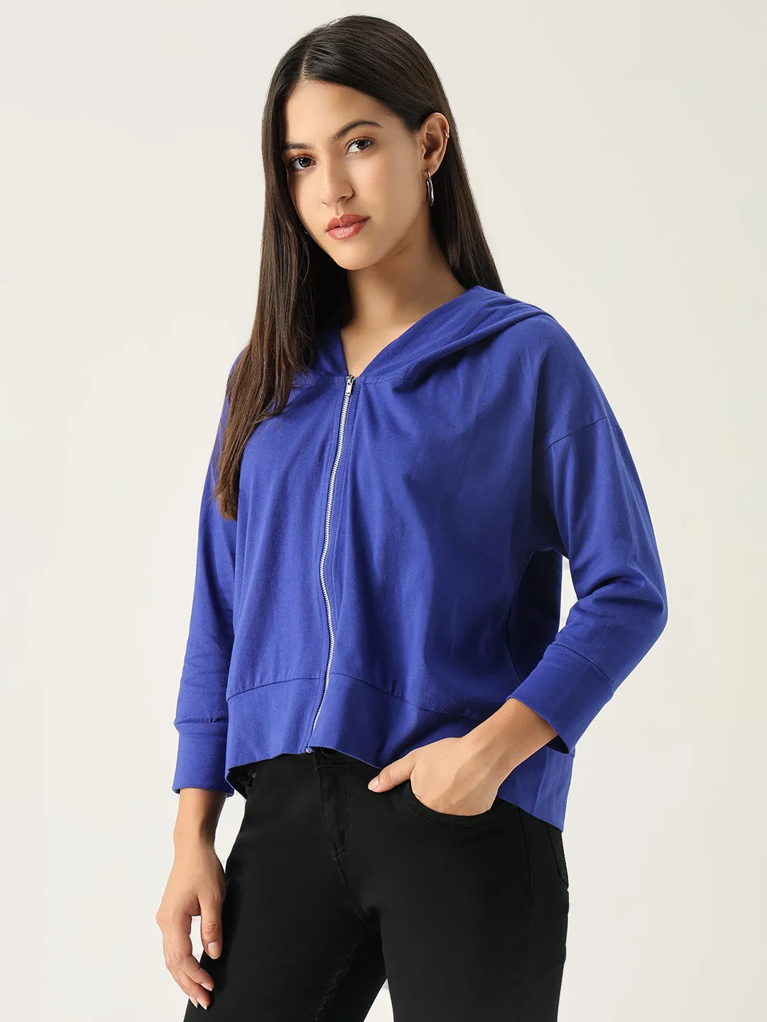 Cool in summer Women's Blue Solid Hood Cotton Front-Open Sweatshirt