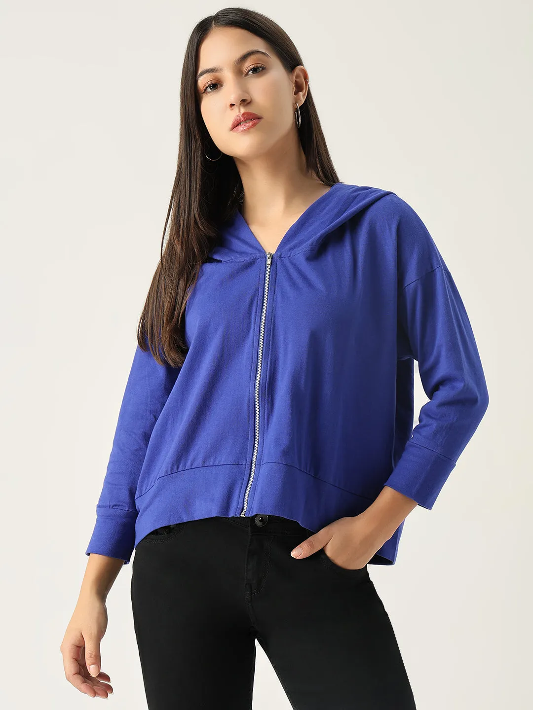 Office Casual Unisex style Women's Blue Solid Hood Cotton Front-Open Sweatshirt