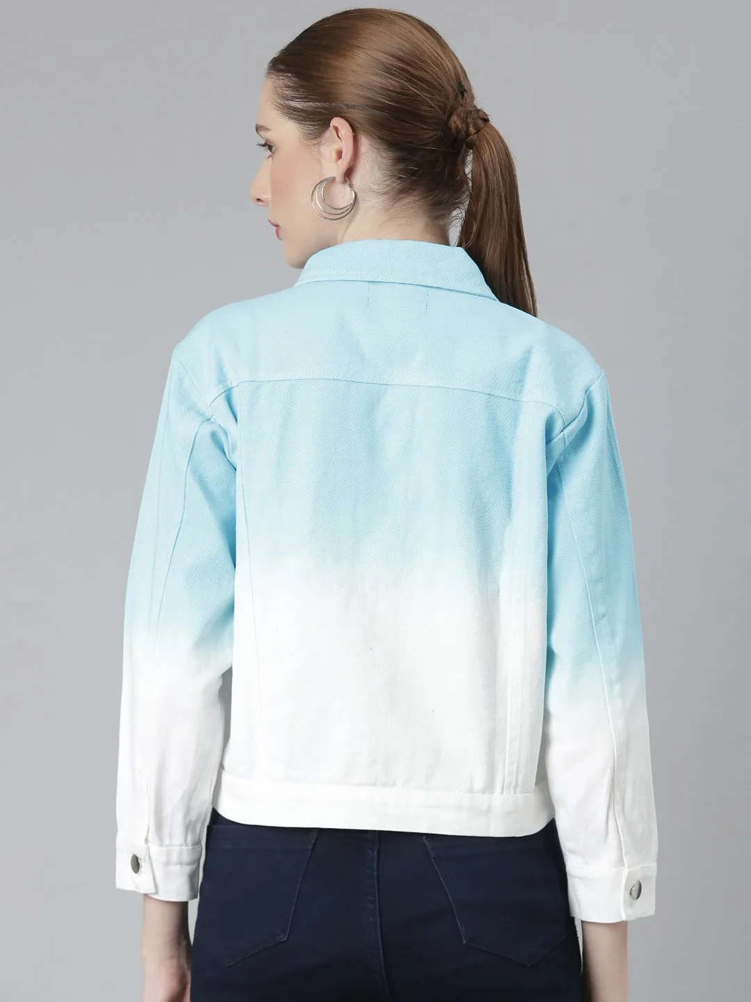 Women's Blue Spread Collar Long Sleeves Ombre Denim Jacket Seam Sealed Technology